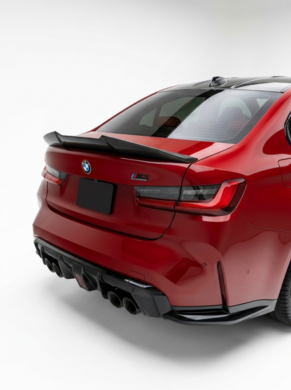 BMW 3 Series G20 G28 G80 M3 carbon fiber trunk spoiler by K2 Industries, showing sleek aerodynamic design and glossy finish.