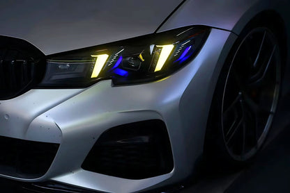 BMW 3 Series G20 G28 Snake Eye Style Sequential LED Headlights by K2 Industries, showing sleek headlight design with LED accents.