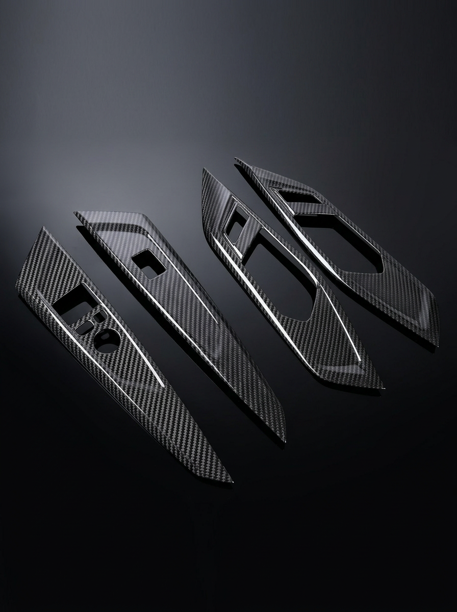 BMW 4 Series G82 G22 carbon fiber interior door trim set by K2 Industries, showcasing sleek, textured carbon fiber panels inside the vehicle.