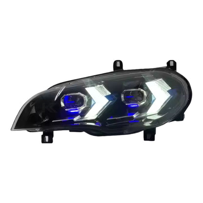 BMW X5 E70 laser style LED headlights by K2 Industries, showcasing sleek design and bright illumination for 2007-2013 models.