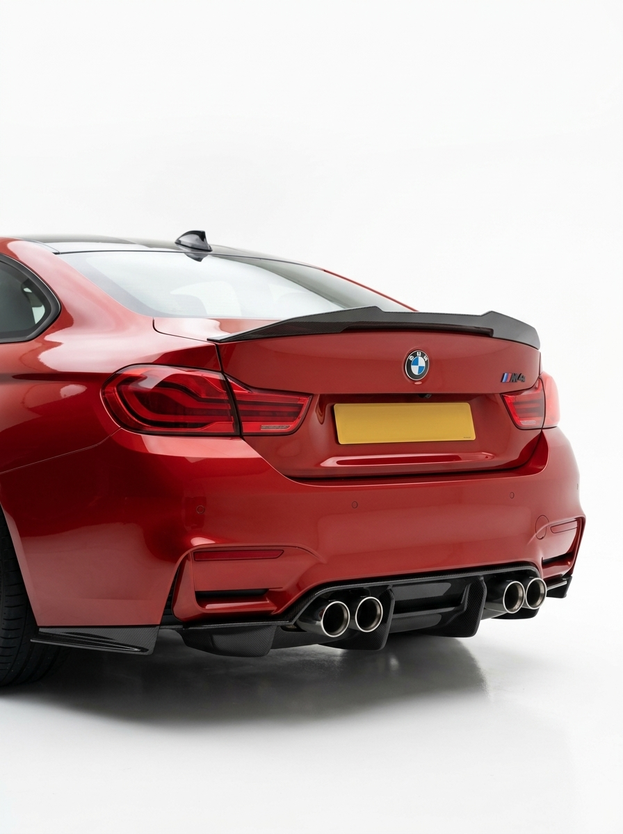 BMW 4 Series F82 M4 carbon fiber trunk spoiler by K2 Industries, showcasing sleek, aerodynamic design and glossy carbon fiber finish.