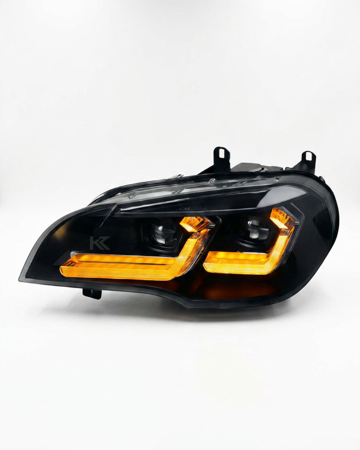 BMW X5 E70 LED headlights by K2 Industries, model "TRON," for 2007-2013, featuring sleek design with bright LED lighting elements.