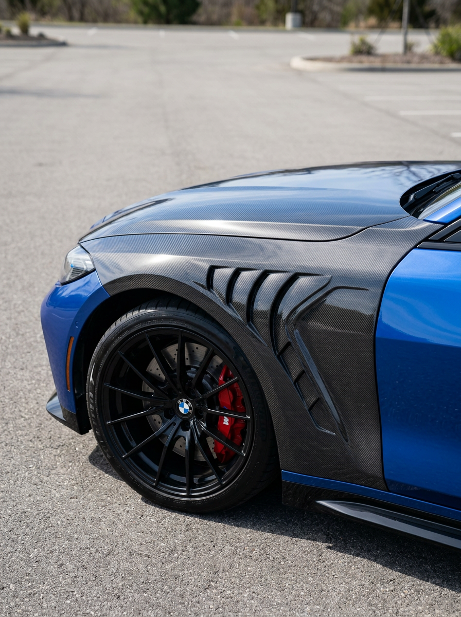 BMW 4 Series G82 M4 carbon fiber matte fenders by K2 Industries, featuring sleek design and textured carbon fiber surface.