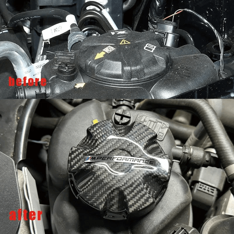 BMW MPerformance carbon fiber radiator cap cover by K2 Industries, sleek black carbon fiber design for BMW engines.