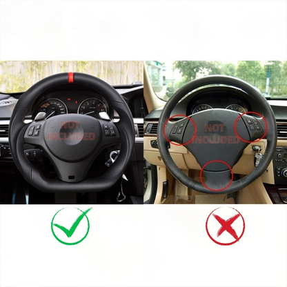 Vekto full leather steering wheel for BMW E90 E92 E93 M3 328i 335i with detailed leather grip and premium craftsmanship.