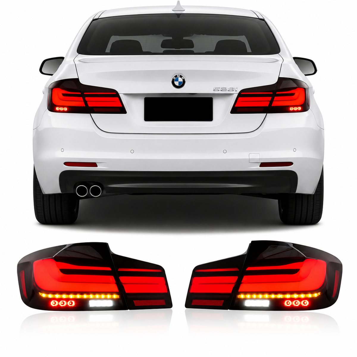 Vekto BMW 5 Series F10 F18 LED tail lights with sequential turn signals, 2011-2017, showing sleek design and illuminated signals.