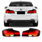 Vekto BMW 5 Series F10 F18 LED tail lights with sequential turn signals, 2011-2017, showing sleek design and illuminated signals.