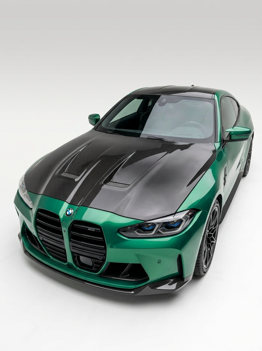 K2 Industries carbon fiber front hood for BMW 3 Series G80/G81 M3 and 4 Series G82/G83 M4, lightweight and aerodynamic design.