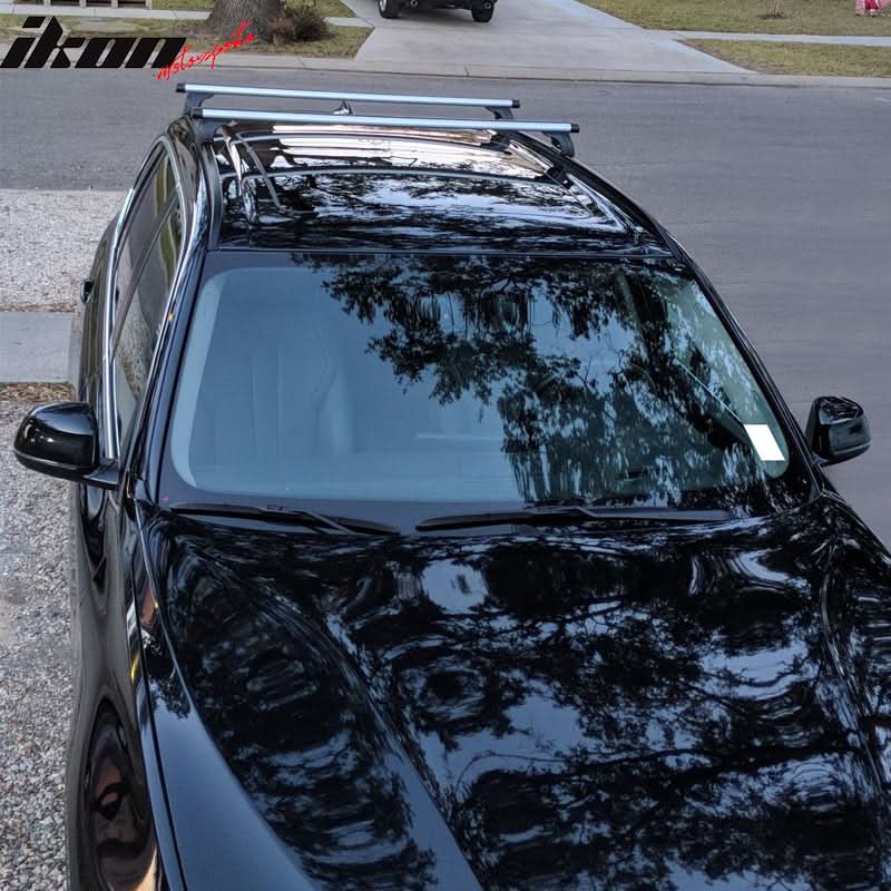 K2 Industries roof rack cross bars for Audi Q5, Q7, BMW X1 SUVs, 47-inch cargo carrier rails on vehicle roof.