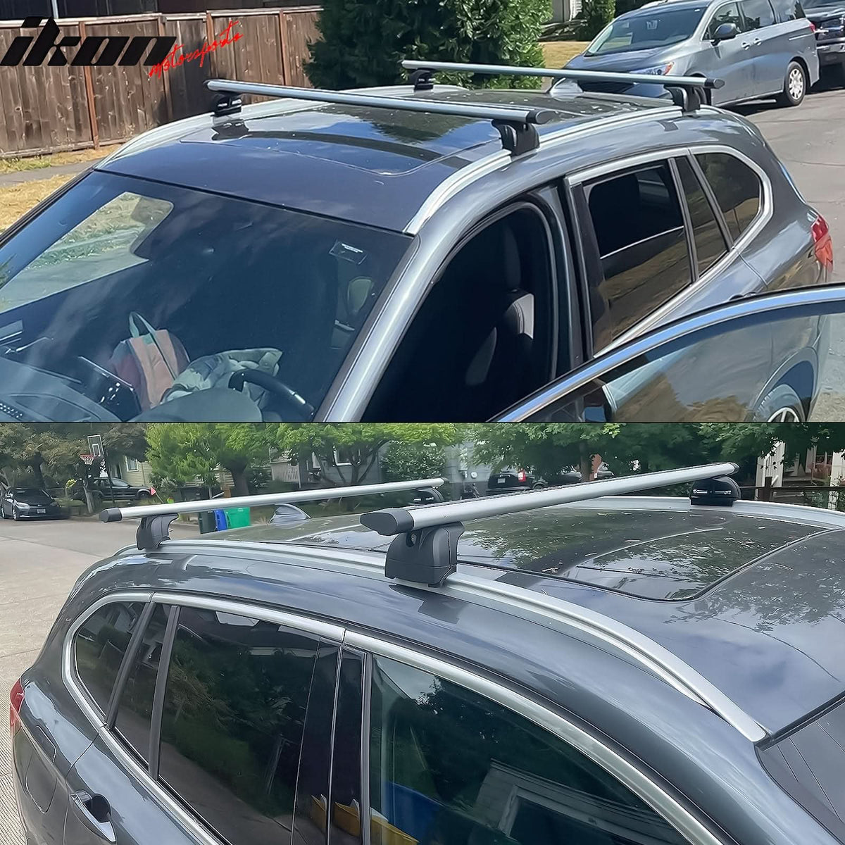 K2 Industries roof rack cross bar set for 2008+ Audi Q5, 2006+ Q7, 2016+ BMW X1 SUVs, 47-inch cargo carrier rails.