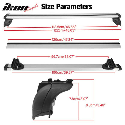 K2 Industries roof rack cross bars for Audi Q5, Q7, BMW X1 SUVs, 47-inch cargo carrier rails installed on vehicle roof.