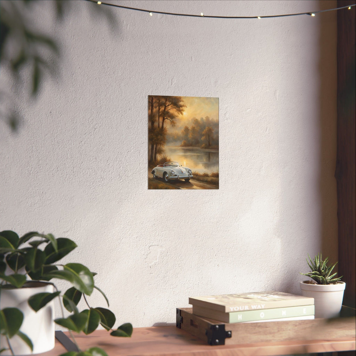 Vintage 1956 Porsche 356 Speedster Poster | Misty Lakeside Sunrise Wall Art | Impressionist European Classic Sports Car Fine Art Paper Print