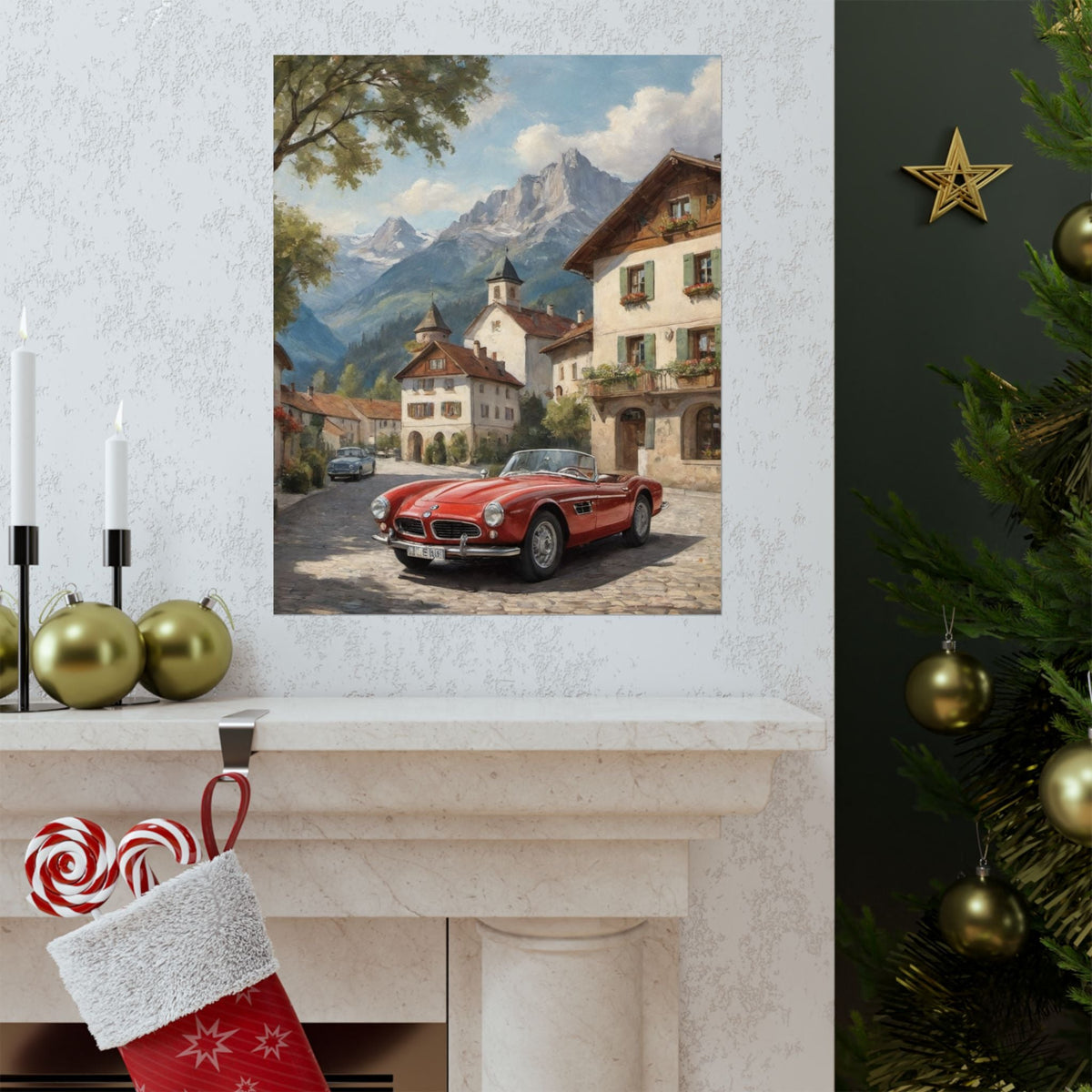 Vintage 1957 BMW 507 Roadster Poster | Bavarian Alpine Village Wall Art | Impressionist European Classic Sports Car Fine Art Paper Print