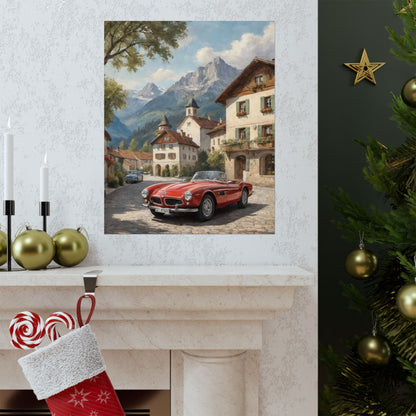 Vintage 1957 BMW 507 Roadster Poster | Bavarian Alpine Village Wall Art | Impressionist European Classic Sports Car Fine Art Paper Print