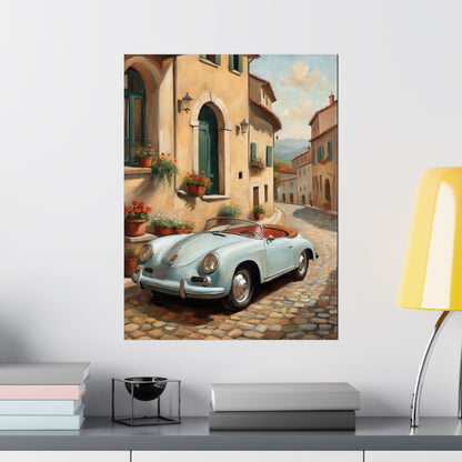 Vintage 1956 Porsche 356 Speedster Poster | Italian Village Street Wall Art | Impressionist European Classic Sports Car Fine Art Paper Print
