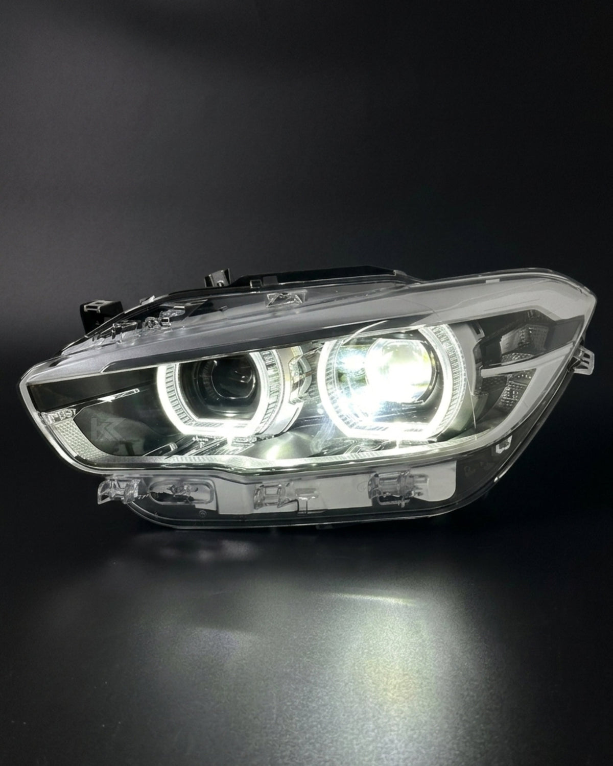 BMW 1 Series F20 118i LED headlight assembly with dual-color yellow and white, high and low beam, by K2 Industries