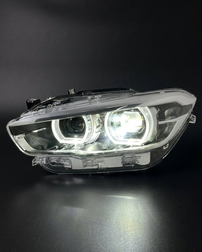 BMW 1 Series F20 118i LED headlight assembly with dual-color yellow and white, high and low beam, by K2 Industries