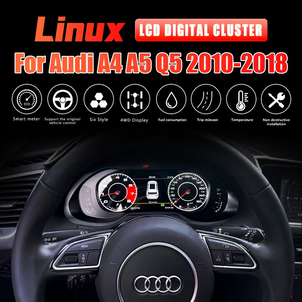 Audi A4 A5 Q5 S4 S5 B8 digital LCD dashboard instrument cluster by Carlinklife®, showing digital gauge display inside the vehicle.