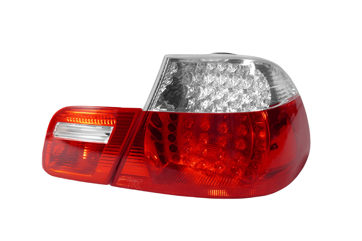 BMW E46 2D Depo LED tail lights set by K2 Industries, four-piece car lighting for 2004-2006 models, featuring red and clear lens design.