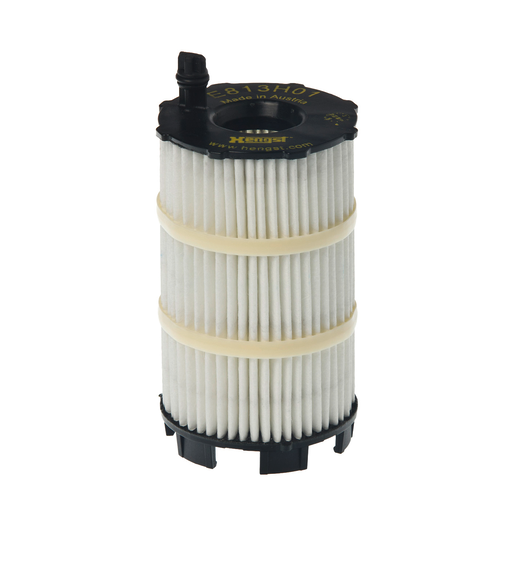 Audi VW Porsche engine oil filter E813H01 by Hengst, shown in a close-up view with branding and filter details.
