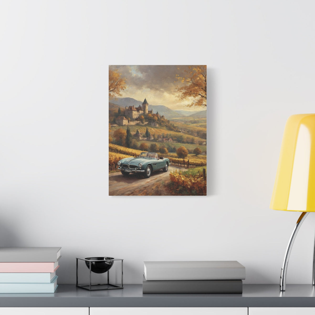 Vintage 1957 BMW 507 Roadster Canvas Wall Art | Autumn Vineyard Castle Valley Canvas Print | Impressionist Classic European Sports Car Art for Living Room & Office