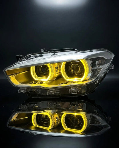 BMW 1 Series F20 118i dual-color LED headlight assembly with high and low beam from K2 Industries, yellow and white color.