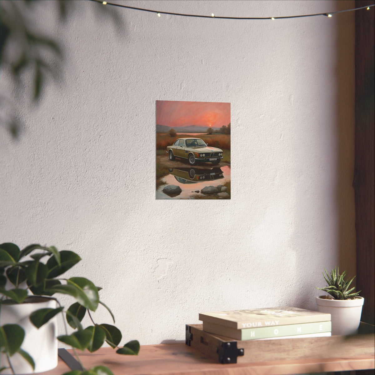 1973 BMW 30 CSL Wall Art Polaris Silver Gold Lake Sunset Water Reflection Poster Classic German Sports Coupe Oil Painting Fine Art Print for Home Office Decor