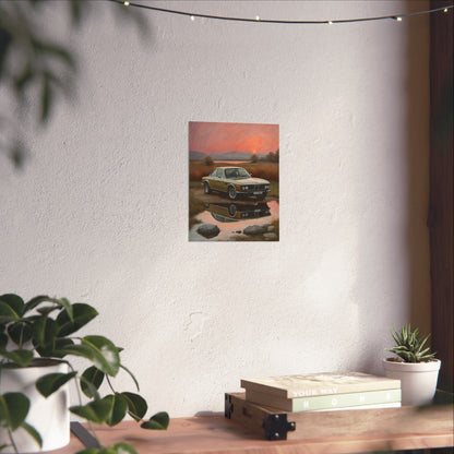 1973 BMW 30 CSL Wall Art Polaris Silver Gold Lake Sunset Water Reflection Poster Classic German Sports Coupe Oil Painting Fine Art Print for Home Office Decor