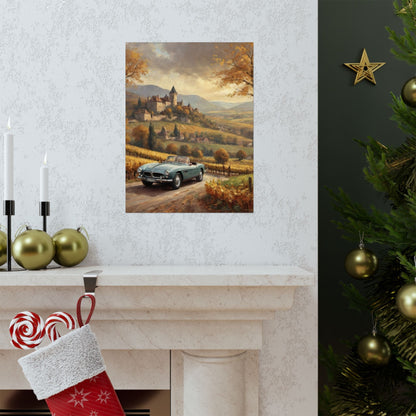 Vintage 1957 BMW 507 Roadster Poster | Autumn Vineyard Castle Valley Wall Art | Impressionist European Classic Sports Car Fine Art Paper Print