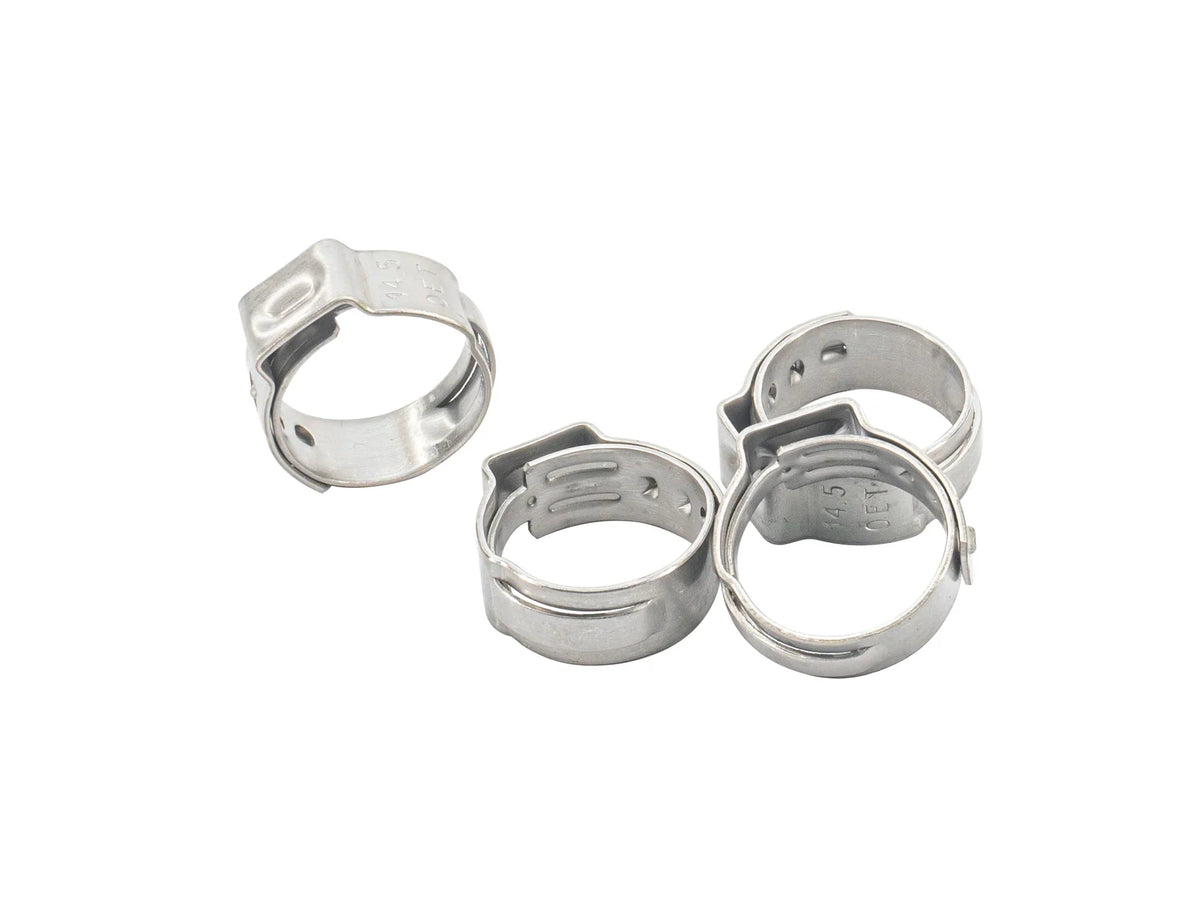 Set of four stainless steel ear clamps, 14.5mm, for mechanical parts by GoWesty, shown in a close-up image.