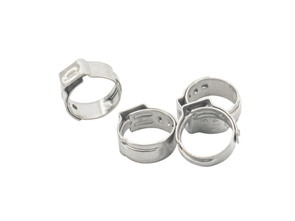 Set of four stainless steel ear clamps, 14.5mm, for mechanical parts by GoWesty, shown in a close-up image.