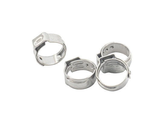 Set of four stainless steel ear clamps, 14.5mm, for mechanical parts by GoWesty, shown in a close-up image.