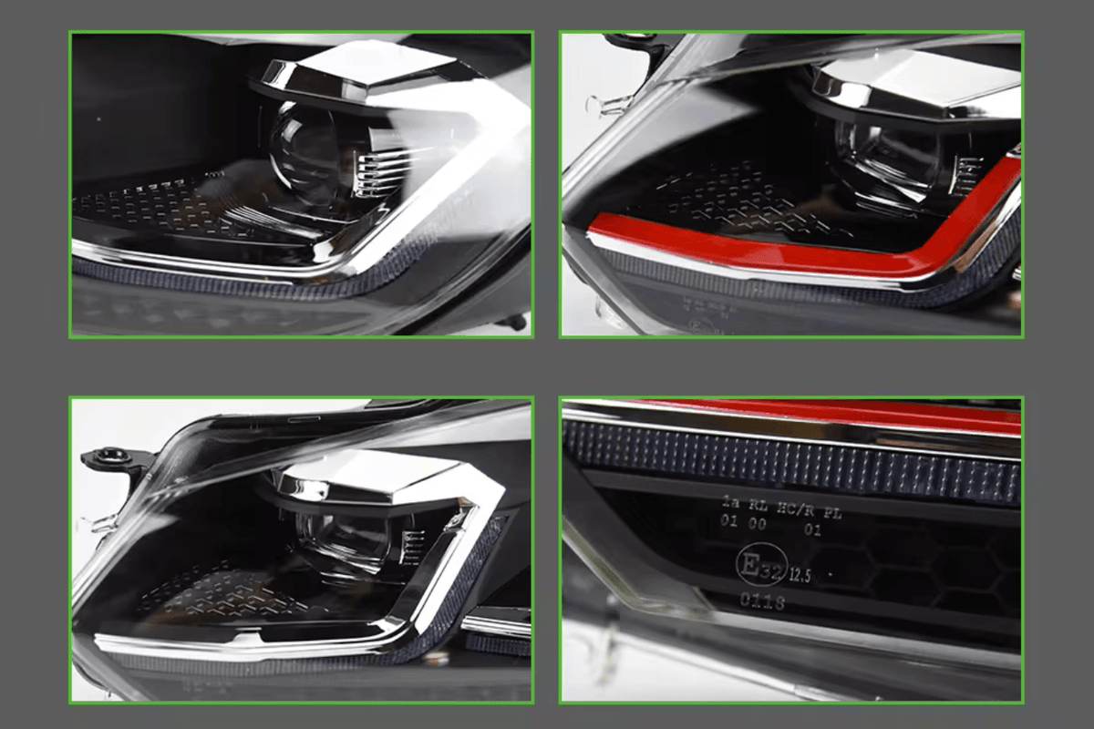 Volkswagen Golf MK6 headlights by K2 Industries with red, silver, and black projector lenses and dynamic LED signal lights.