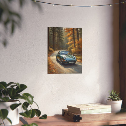 1973 Porsche 911 Wall Art Forest Green Autumn Pine Forest Dirt Road Poster Classic German Sports Car Oil Painting Fine Art Print for Home Office Decor