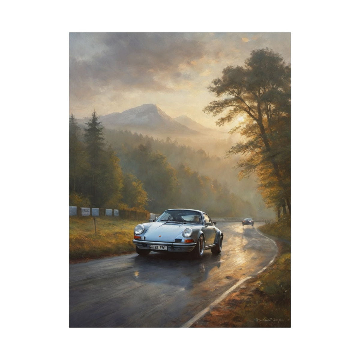 1973 Porsche 911 Wall Art Silver Metallic Nürburgring Nordschleife Misty Forest Racetrack Sunrise Poster Classic German Sports Car Oil Painting Fine Art Print for Home Office Decor