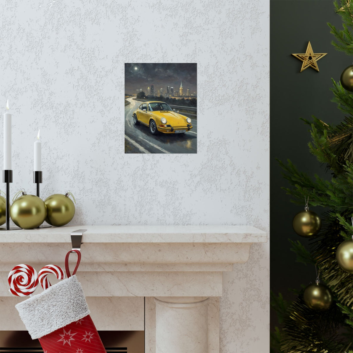 1973 Porsche 911 Wall Art Signal Yellow Night Highway City Skyline Full Moon Poster Classic German Sports Car Oil Painting Fine Art Print for Home Office Decor