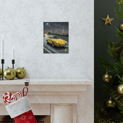 1973 Porsche 911 Wall Art Signal Yellow Night Highway City Skyline Full Moon Poster Classic German Sports Car Oil Painting Fine Art Print for Home Office Decor