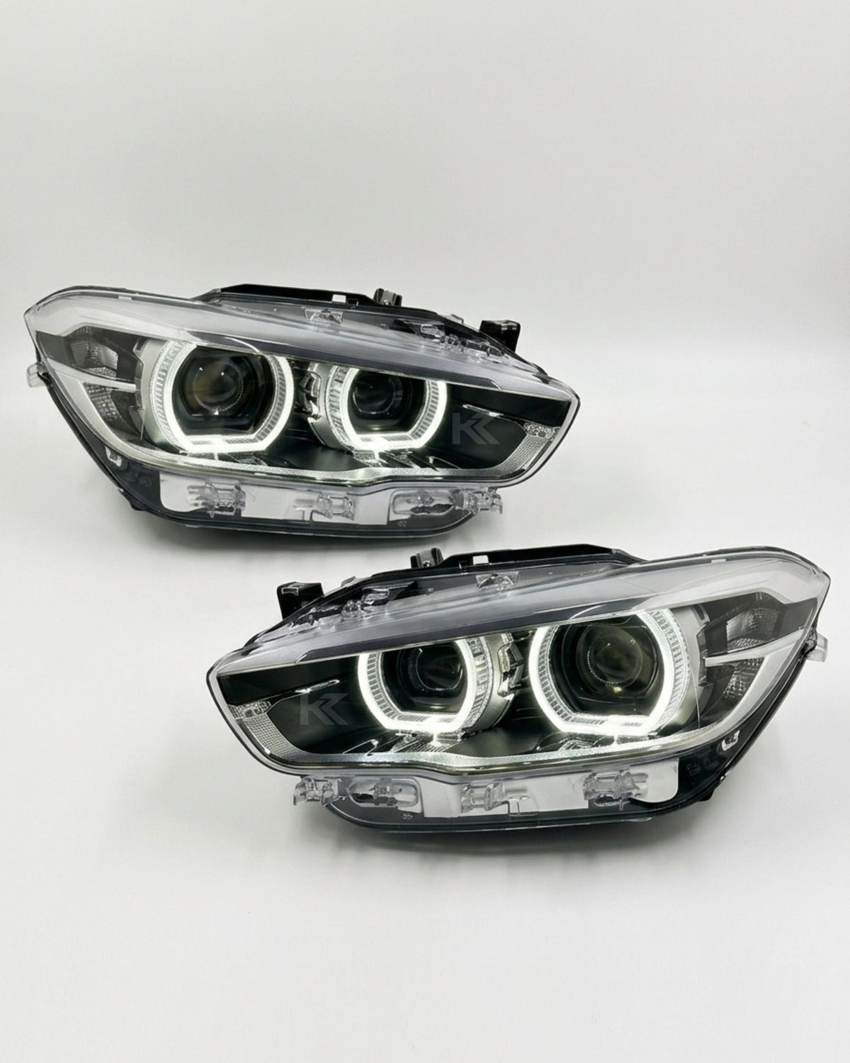BMW 1 Series F20 118i dual-color LED headlight assembly with high and low beams, yellow and white, by K2 Industries.