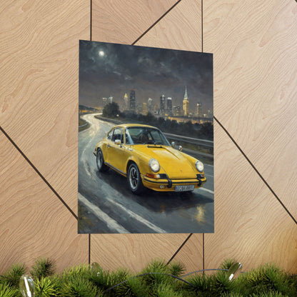 1973 Porsche 911 Wall Art Signal Yellow Night Highway City Skyline Full Moon Poster Classic German Sports Car Oil Painting Fine Art Print for Home Office Decor
