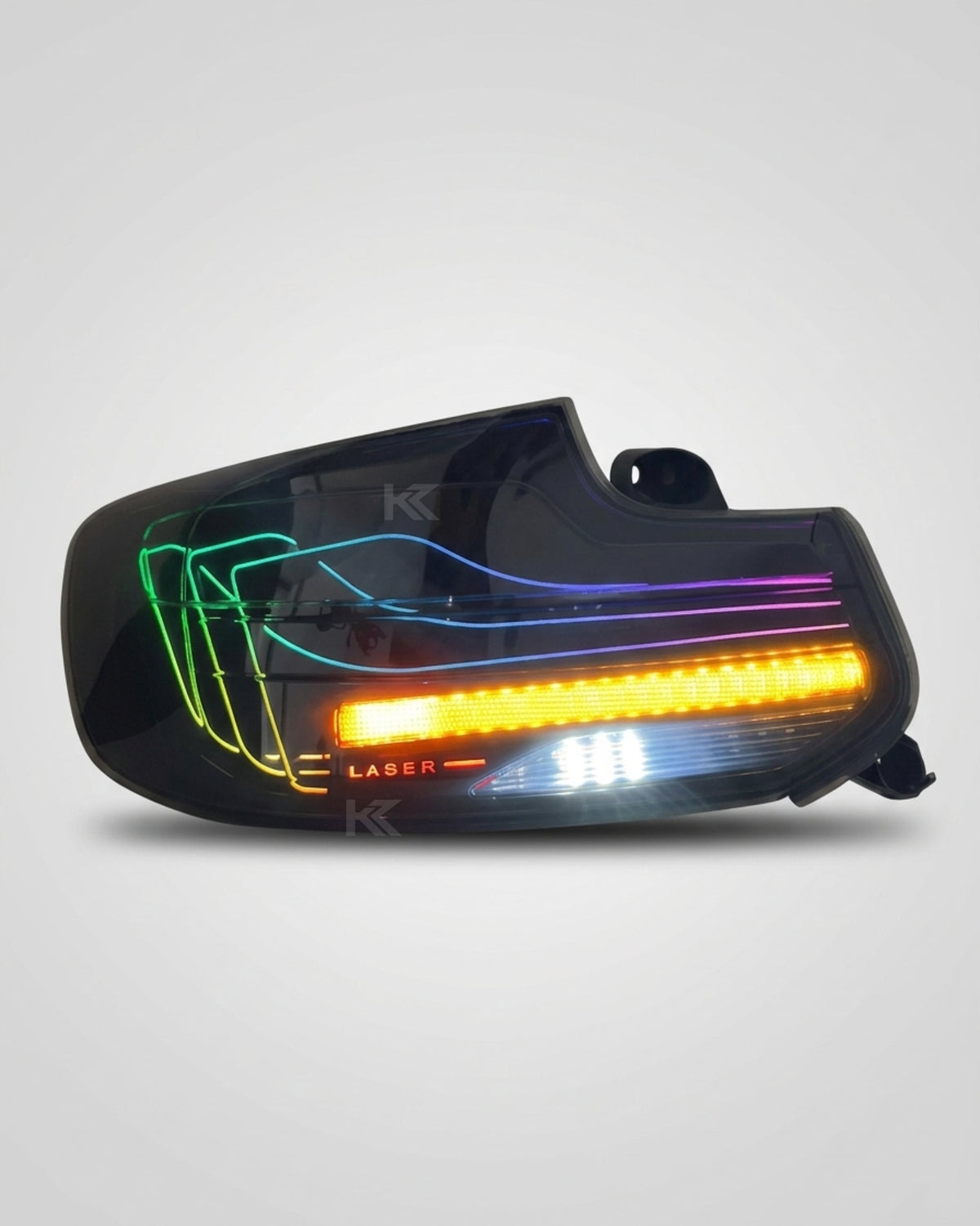 BMW 2 Series F22/F87 CSL RGB LED tail light assembly with turn signal by K2 Industries, 2014-2021, showing the rear view.