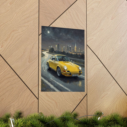1973 Porsche 911 Wall Art Signal Yellow Night Highway City Skyline Full Moon Poster Classic German Sports Car Oil Painting Fine Art Print for Home Office Decor