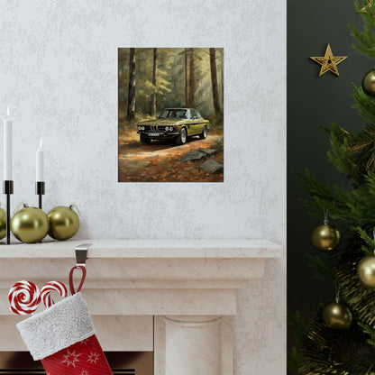 1973 BMW 30 CSL Wall Art Taiga Metallic Green Autumn Forest Sunlight Poster Classic German Sports Coupe Oil Painting Fine Art Print for Home Office Decor