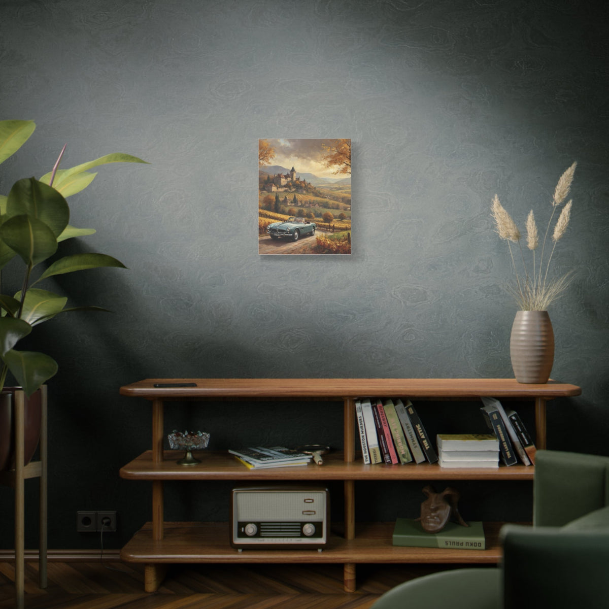 Vintage 1957 BMW 507 Roadster Canvas Wall Art | Autumn Vineyard Castle Valley Canvas Print | Impressionist Classic European Sports Car Art for Living Room & Office