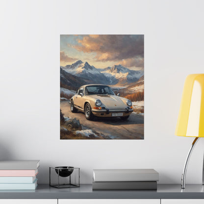 1973 Porsche 911 Wall Art Beige Sahara Grey Snow Capped Alps Alpine Pass Sunset Poster Classic German Sports Car Oil Painting Fine Art Print for Home Office Decor