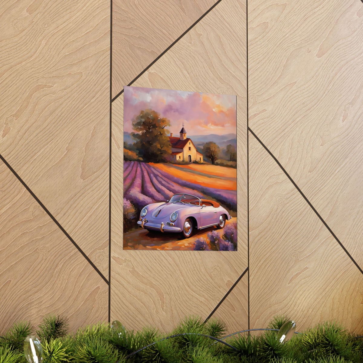 Vintage 1956 Porsche 356 Speedster Poster | Provence Lavender Field Sunset Wall Art | Impressionist European Classic Sports Car Fine Art Paper Print