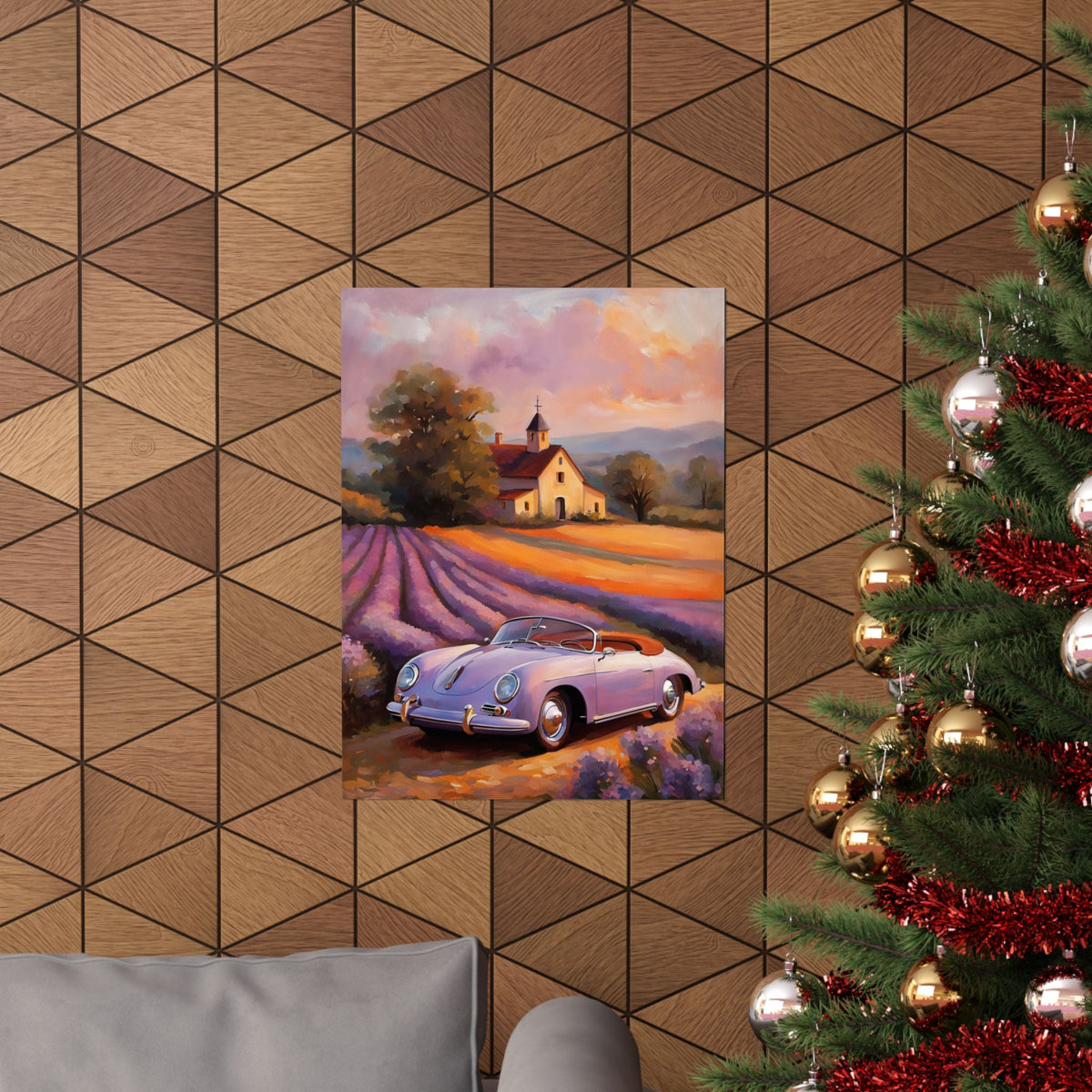 Vintage 1956 Porsche 356 Speedster Poster | Provence Lavender Field Sunset Wall Art | Impressionist European Classic Sports Car Fine Art Paper Print