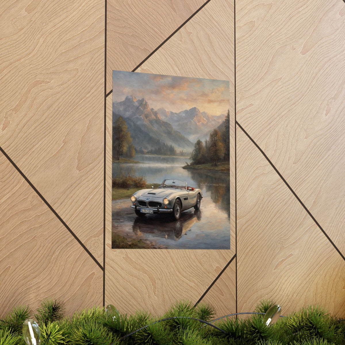Vintage 1957 BMW 507 Roadster Poster | Alpine Lake Sunset Reflection Wall Art | Impressionist European Classic Sports Car Fine Art Paper Print