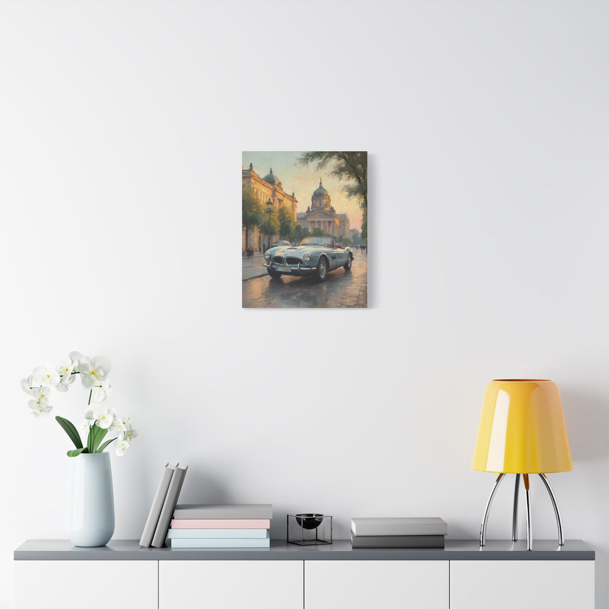 Vintage 1957 BMW 507 Roadster Canvas Wall Art | European City Boulevard Sunset Canvas Print | Impressionist Classic European Sports Car Art for Living Room & Office