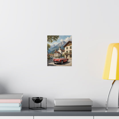 Vintage 1957 BMW 507 Roadster Poster | Bavarian Alpine Village Wall Art | Impressionist European Classic Sports Car Fine Art Paper Print