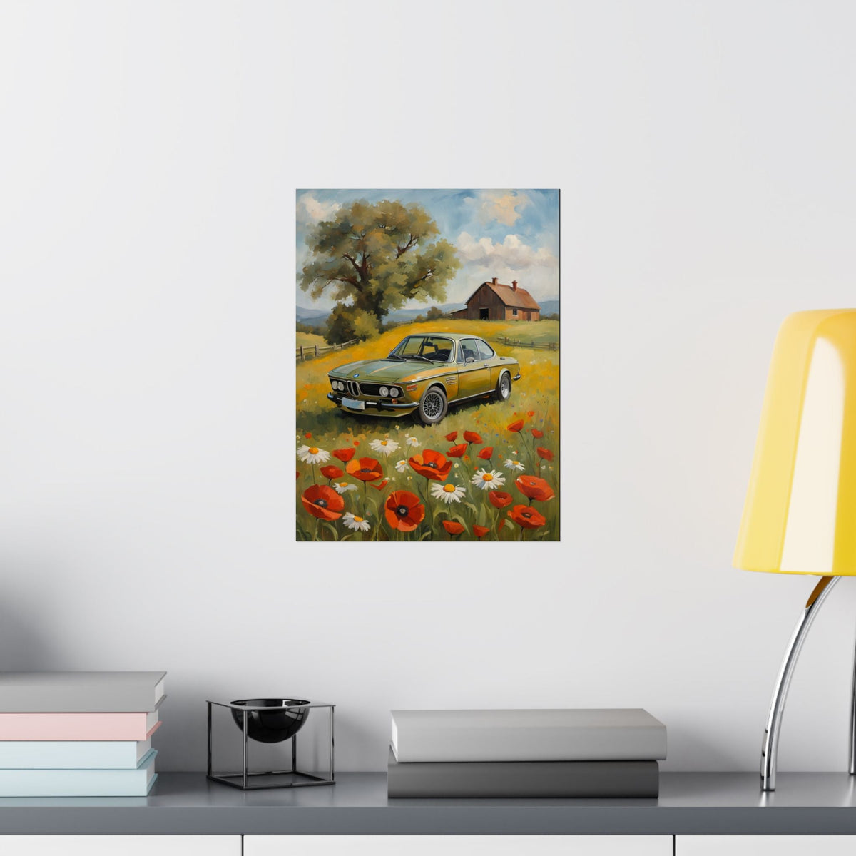 1973 BMW 30 CSL Wall Art Taiga Green Spring Poppy Field Countryside Barn Poster Classic German Sports Coupe Oil Painting Fine Art Print for Home Office Decor